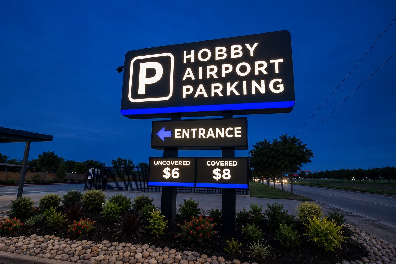 Illuminated Hobby Airport Parking monument sign at dusk, showing the P logo, an entrance arrow, and the posted daily parking rates