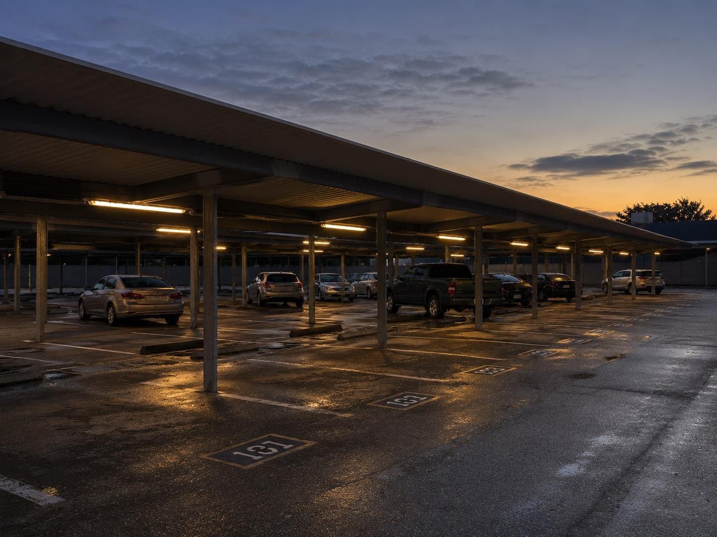 Covered parking under lit steel canopies at Hobby Airport Parking at dusk, a short shuttle ride from the HOU terminal